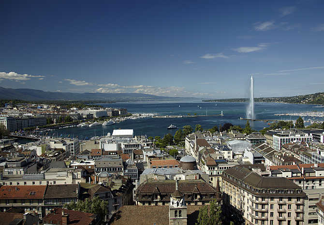 Jet d'Eau and the Lake Leman from the St-Pierre Cathedrale in Geneva.