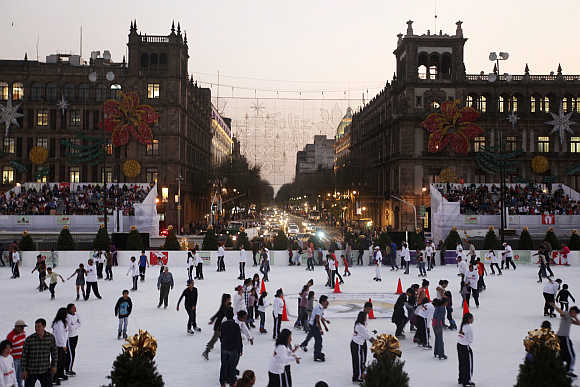 Skating rink in Mexico City’s historic Zocalo square